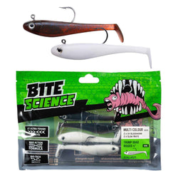 Bite Science Multi Colour 4" Thump Shad 4 pack Rigged 2/0 Jigheads UV Bloodworm & Glow White
