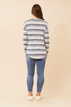 Caroline Morgan Demin Blue Multi Stripe Long Sleeve Top